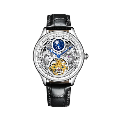 Luxury watch with visible mechanical components on a white background