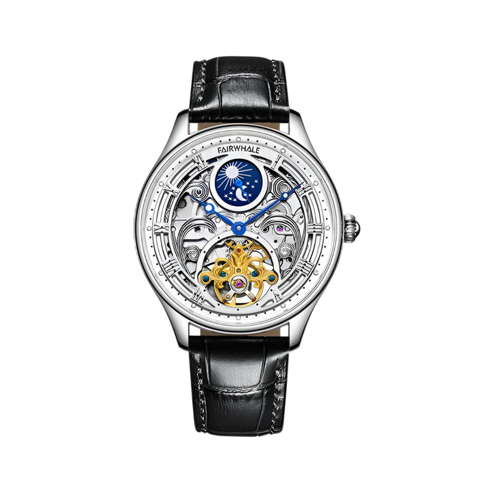 Luxury watch with visible mechanical components on a white background