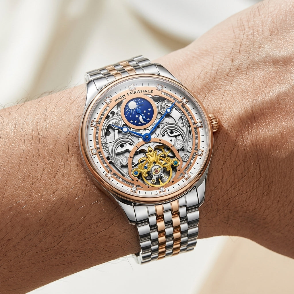 Luxury watch with visible mechanical components on a wrist against a neutral background