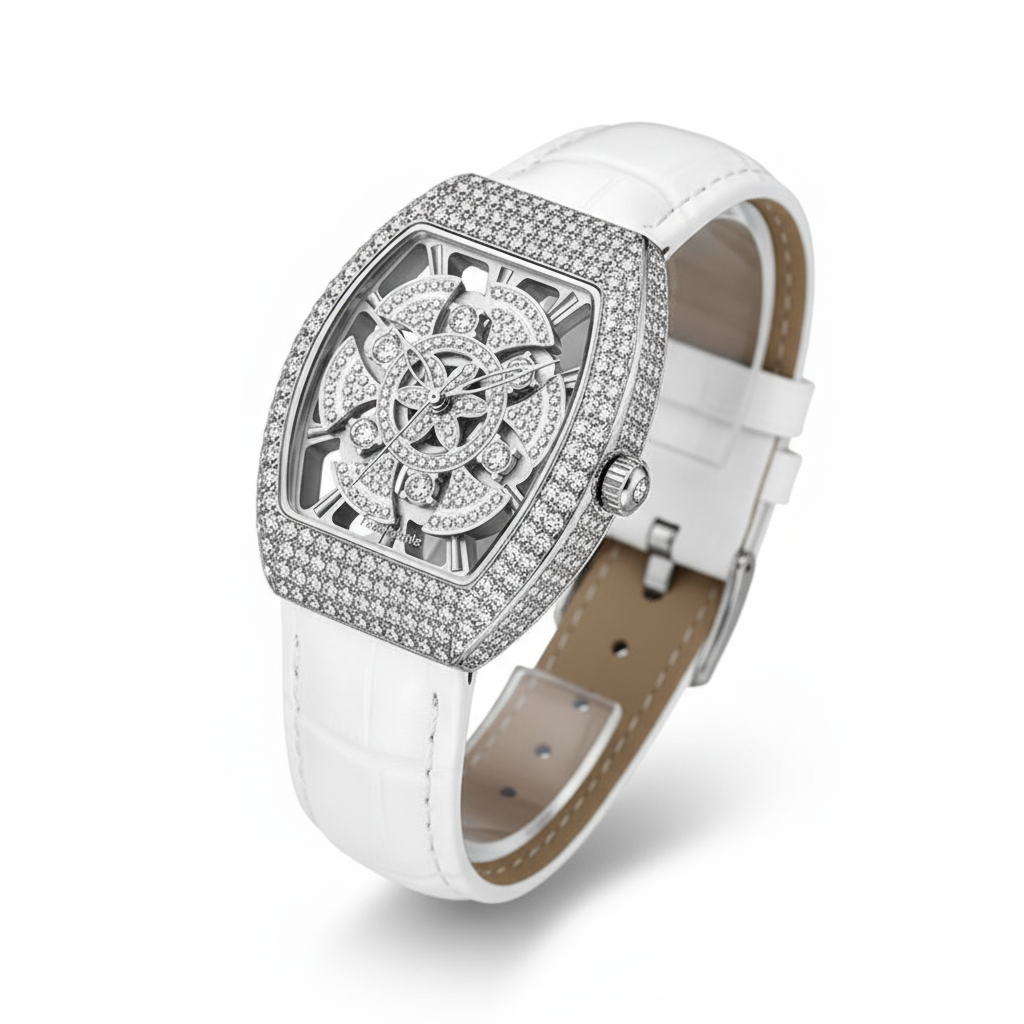 Luxury watch with white strap and silver case on a white background