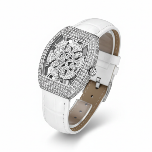 Luxury watch with white strap and silver case on a white background