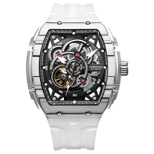 Luxury watch with white strap and transparent face on a white background