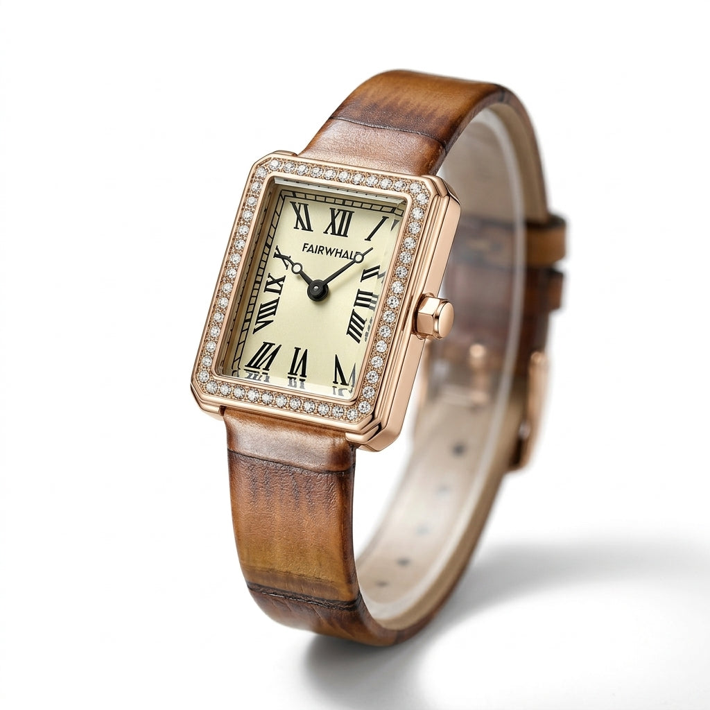 Luxury watch with wooden strap and rose gold case on a white background