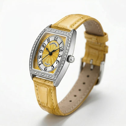 Luxury watch with yellow strap and silver case on a white background
