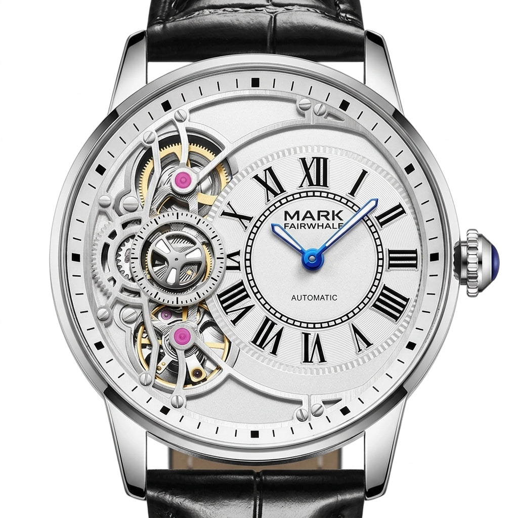 Luxury watch with visible mechanical components on a white background
