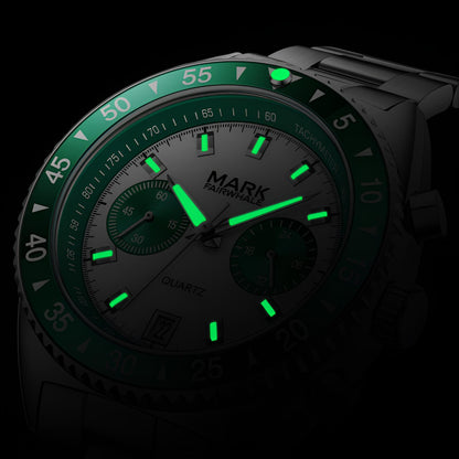 MARK Fairwhale 5910 TARNIX silver and green chronograph watch with tachymeter bezel on wet surface