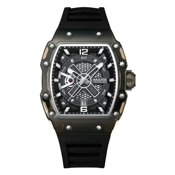 MARK FAIRWHALE AEROCYTE FW-6810 Men’s Automatic Skeleton Watch – transparent case angled view