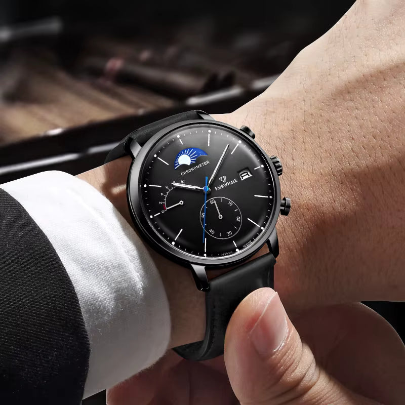 MARK FAIRWHALE ASTRON quartz moon phase chronograph black leather strap premium look