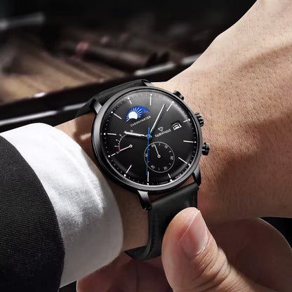 MARK FAIRWHALE ASTRON quartz moon phase chronograph black leather strap premium look