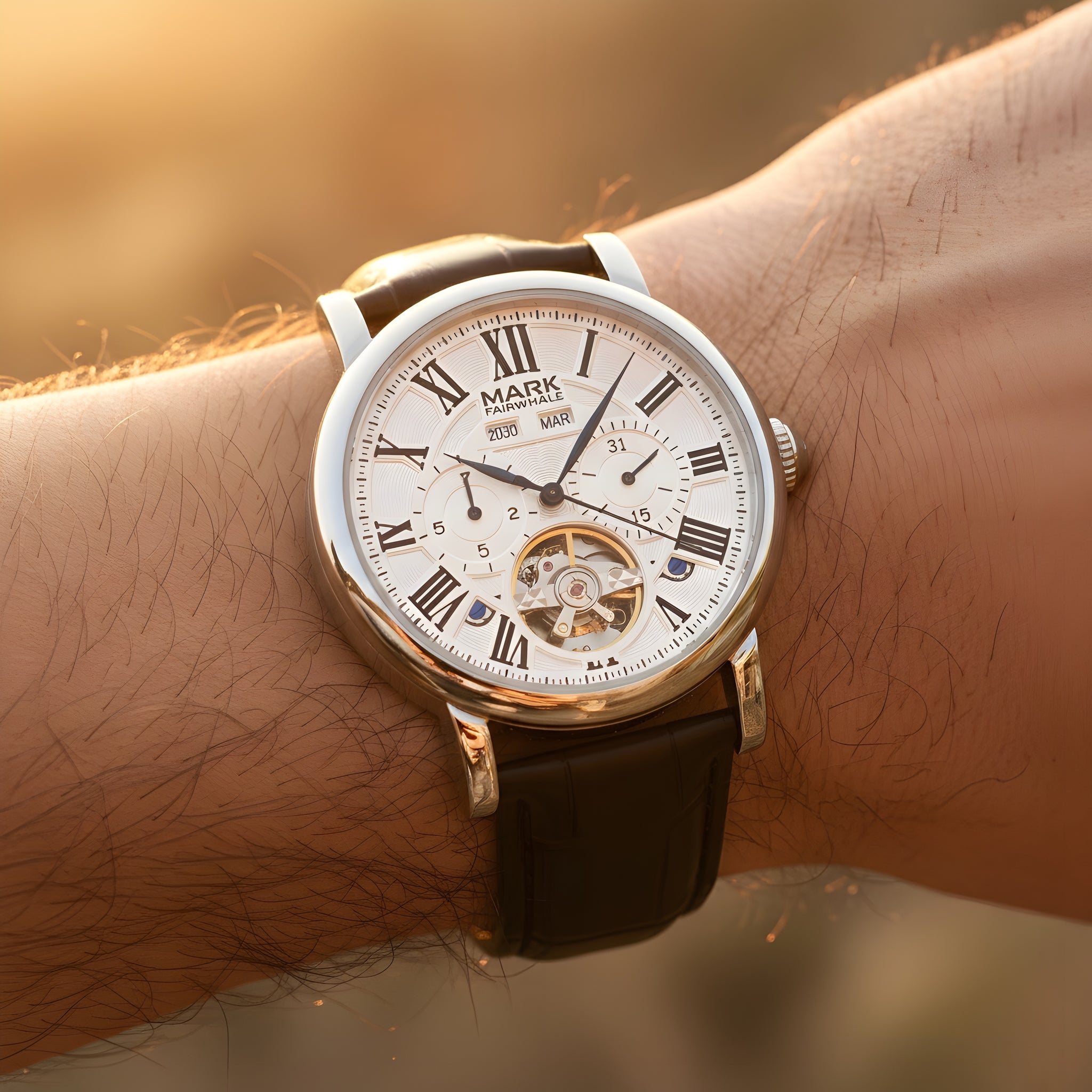 MARK FAIRWHALE FW-6017 AUTOMA men’s automatic tourbillon watch worn on wrist, silver case, Roman numeral dial, black leather strap, luxury mechanical watch