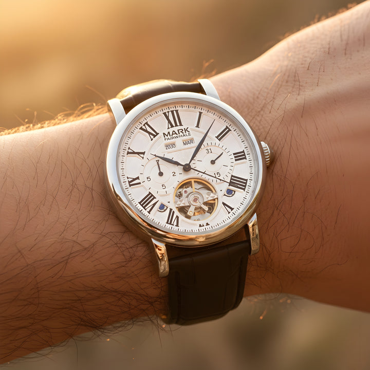 MARK FAIRWHALE FW-6017 AUTOMA men’s automatic tourbillon watch worn on wrist, silver case, Roman numeral dial, black leather strap, luxury mechanical watch