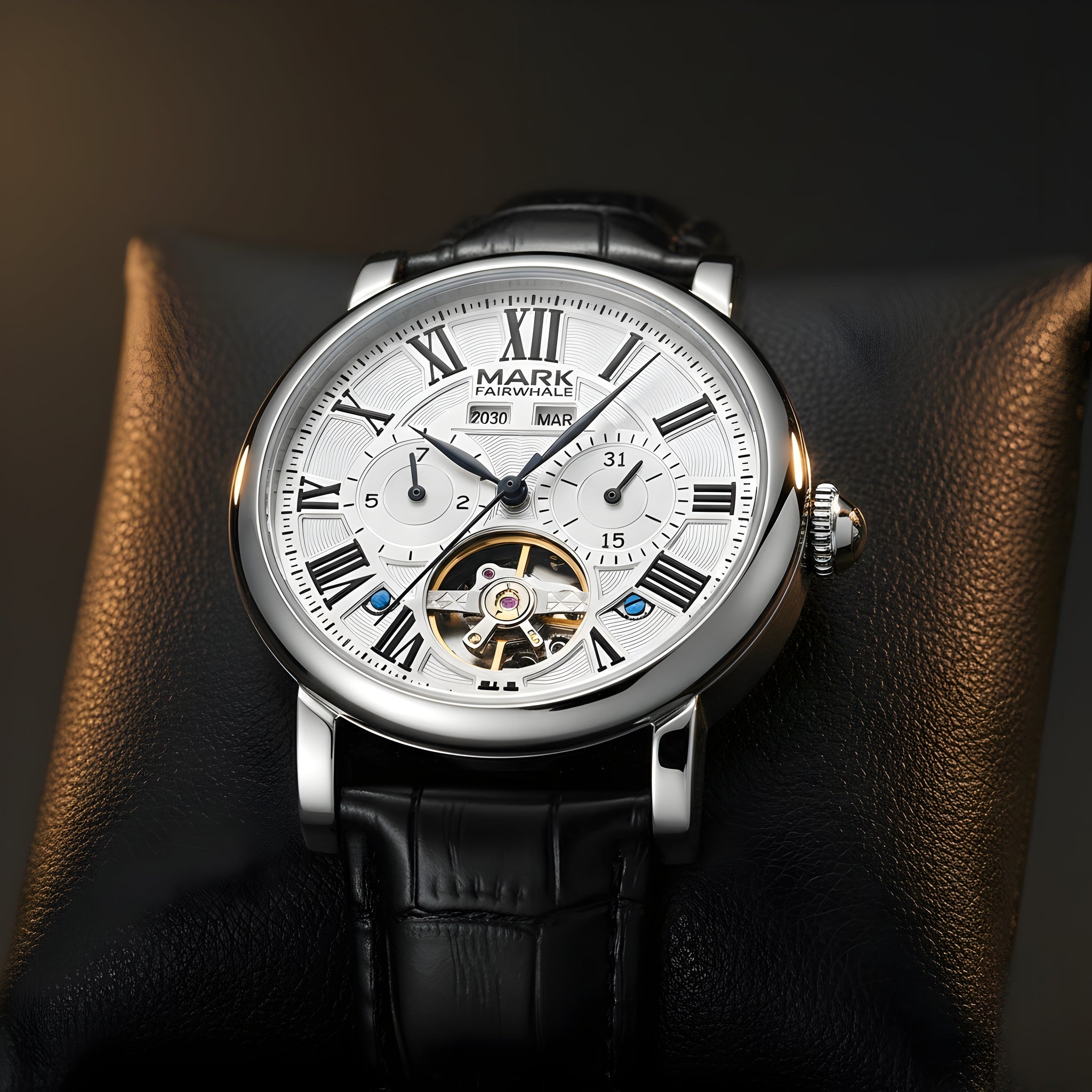 MARK FAIRWHALE FW-6017 AUTOMA men’s automatic tourbillon watch front view, silver case, Roman numeral dial, open heart tourbillon, black leather strap, luxury mechanical watch