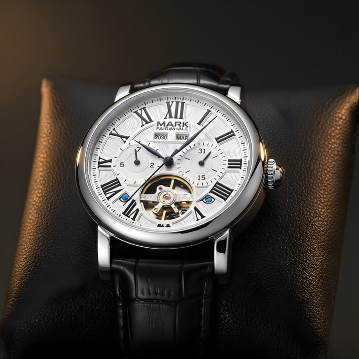 MARK FAIRWHALE FW-6017 AUTOMA men’s automatic tourbillon watch front view, silver case, Roman numeral dial, open heart tourbillon, black leather strap, luxury mechanical watch