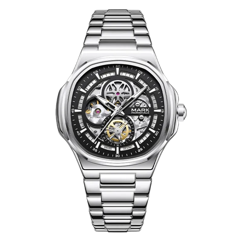 MARK FAIRWHALE FW-6043 Sk - Automatic skeleton watch, silver bracelet, black dial