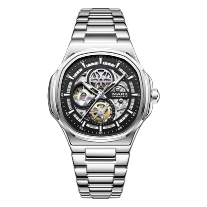 MARK FAIRWHALE FW-6043 Sk - Automatic skeleton watch, silver bracelet, black dial
