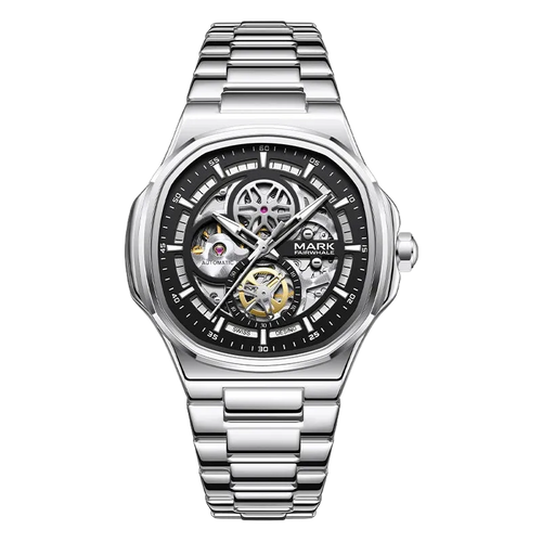 MARK FAIRWHALE FW-6043 Sk - Automatic skeleton watch, silver bracelet, black dial