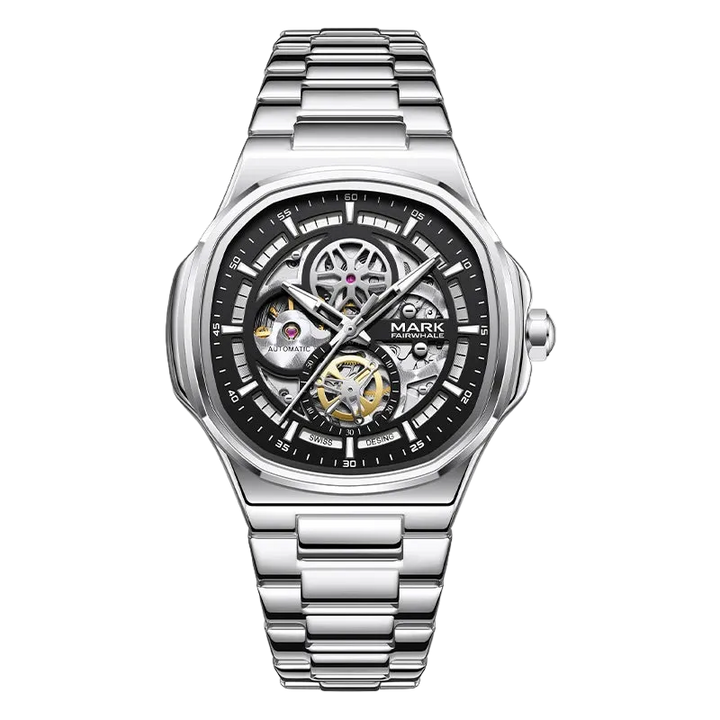 MARK FAIRWHALE FW-6043 Sk - Automatic skeleton watch, silver bracelet, black dial