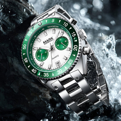 MARK Fairwhale 5910 TARNIX silver and green chronograph watch with tachymeter bezel on wet surface