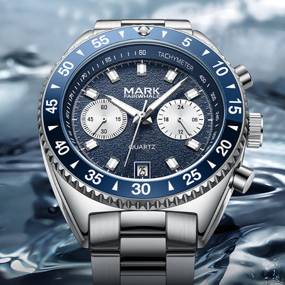 MARK Fairwhale 5910 TARNIX silver and blue chronograph watch with tachymeter bezel on wet surface