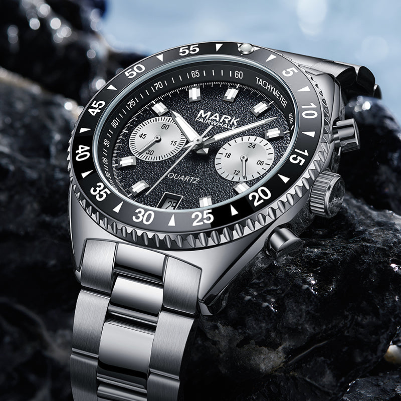 MARK Fairwhale 5910 TARNIX silver and black chronograph watch with tachymeter bezel on wet surface