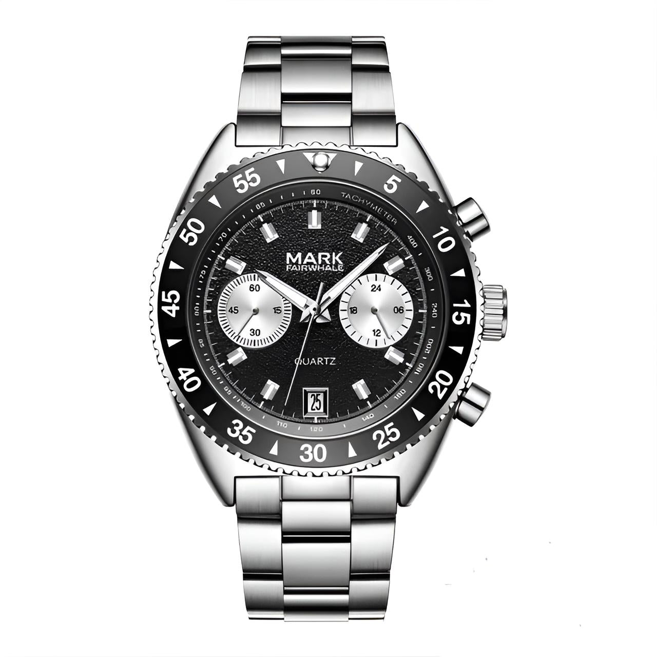 MARK Fairwhale 5910 TARNIX silver and black chronograph watch with tachymeter bezel on wet surface