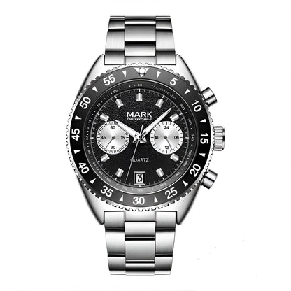 MARK Fairwhale 5910 TARNIX silver and black chronograph watch with tachymeter bezel on wet surface