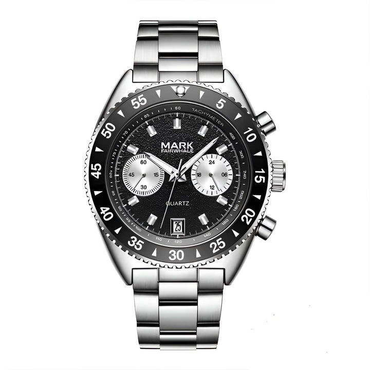 MARK Fairwhale 5910 TARNIX silver and black chronograph watch with tachymeter bezel on wet surface