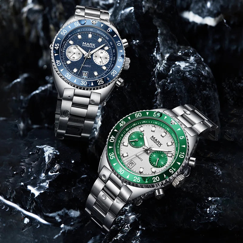 MARK Fairwhale 5910 TARNIX silver and green and blue chronograph watch with tachymeter bezel on wet surface