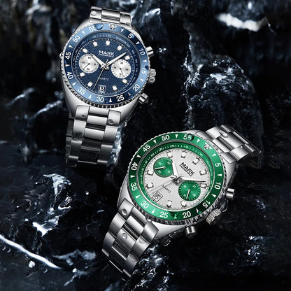 MARK Fairwhale 5910 TARNIX silver and green and blue chronograph watch with tachymeter bezel on wet surface