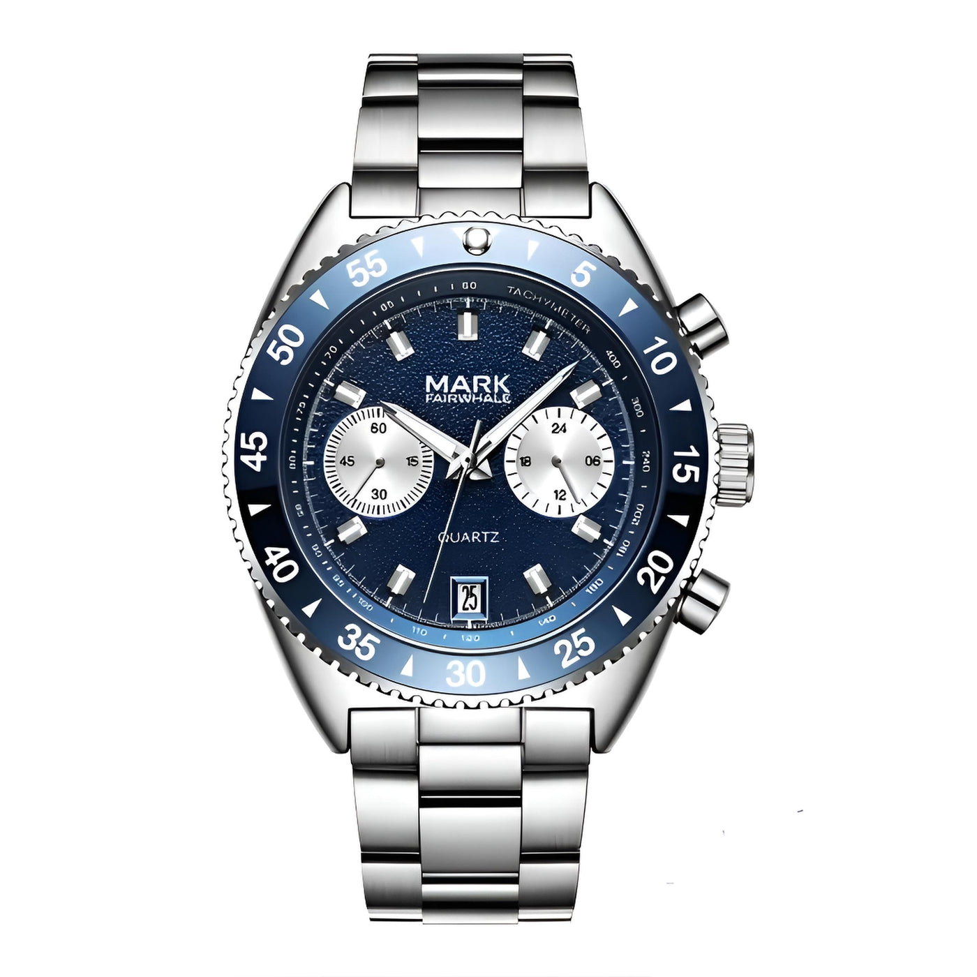 MARK Fairwhale 5910 TARNIX silver and blue chronograph watch with tachymeter bezel on wet surface