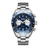 MARK Fairwhale 5910 TARNIX silver and blue chronograph watch with tachymeter bezel on wet surface