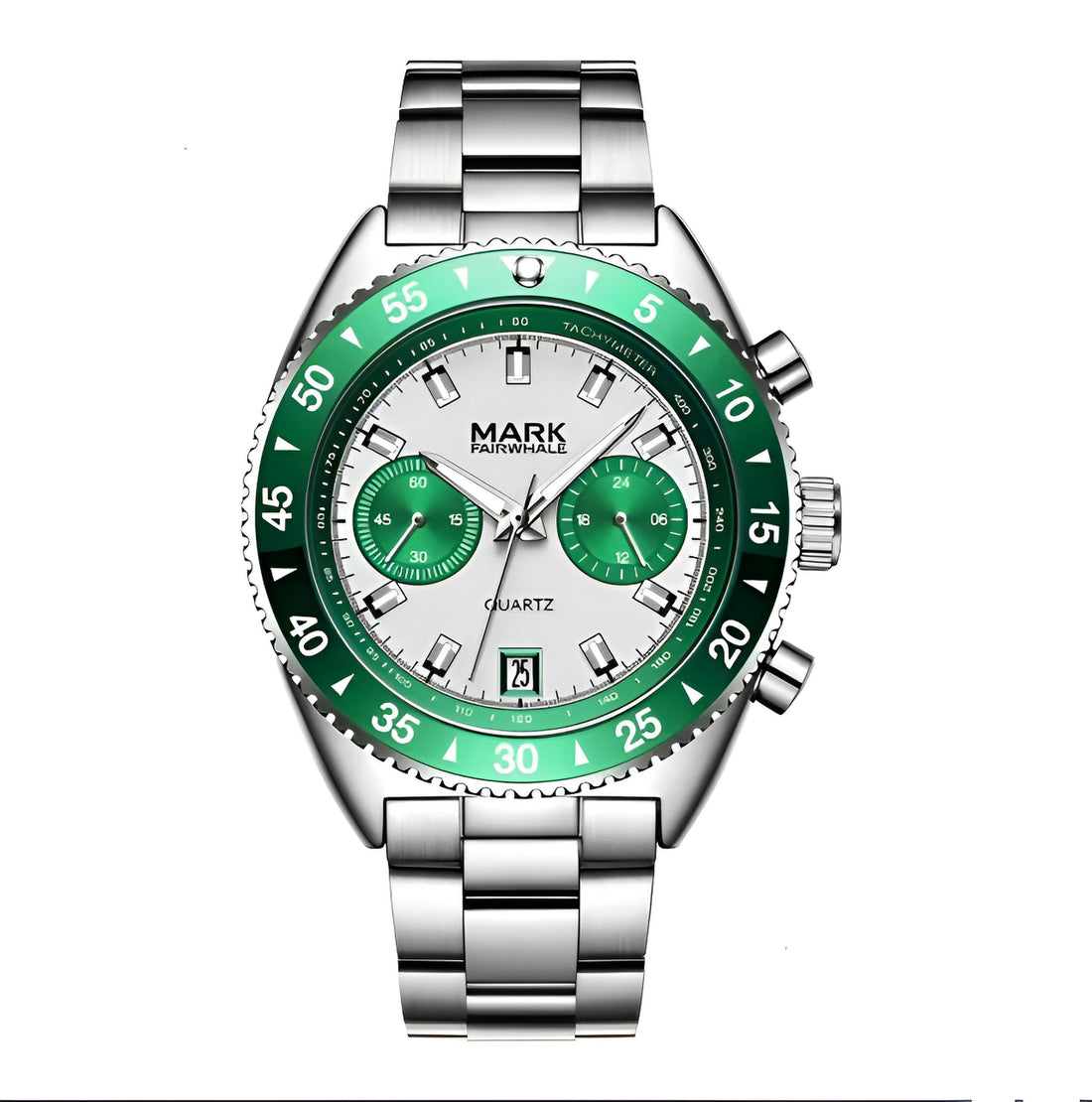 MARK Fairwhale 5910 TARNIX silver and green chronograph watch with tachymeter bezel on wet surface