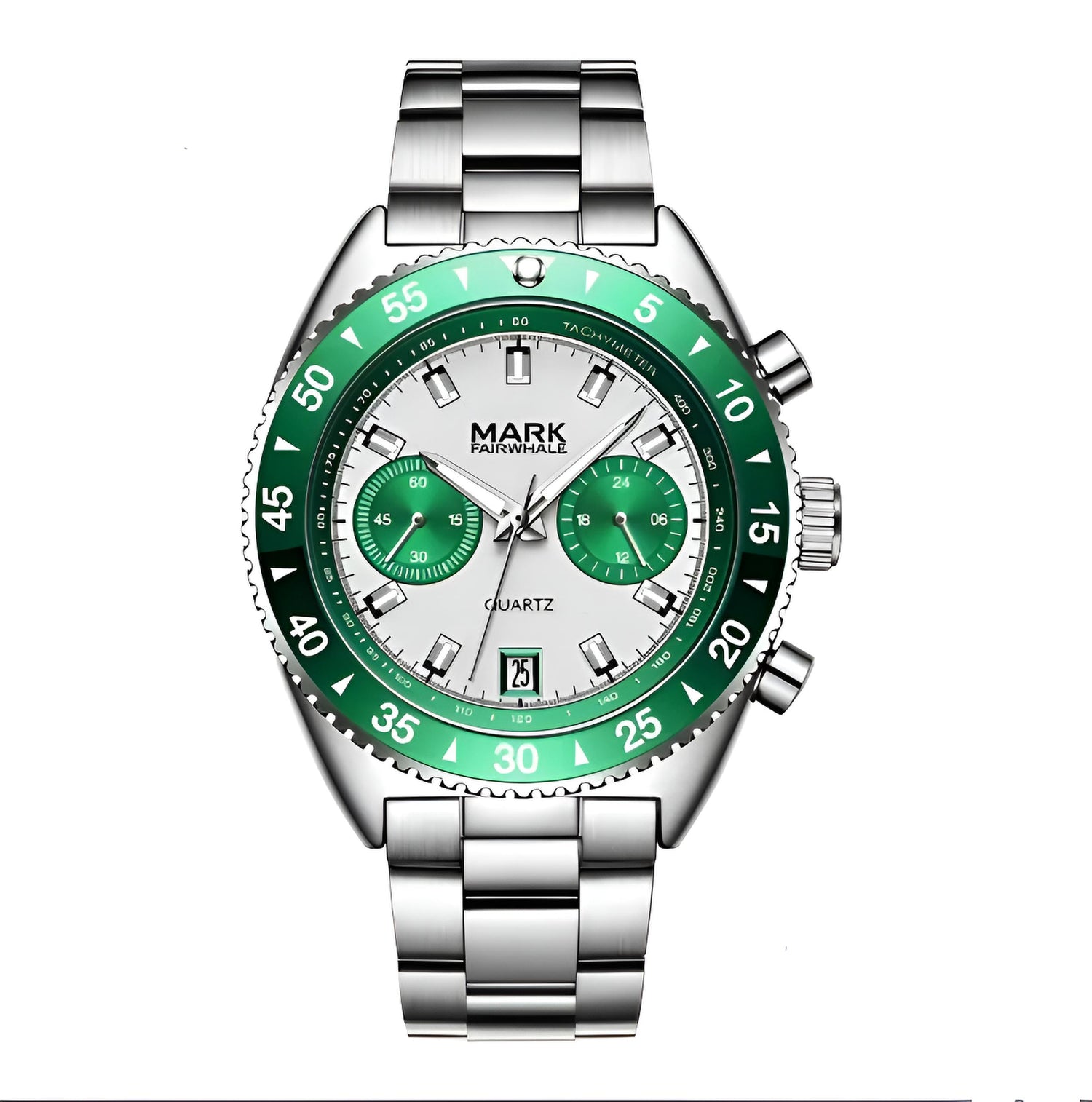 MARK Fairwhale 5910 TARNIX silver and green chronograph watch with tachymeter bezel on wet surface