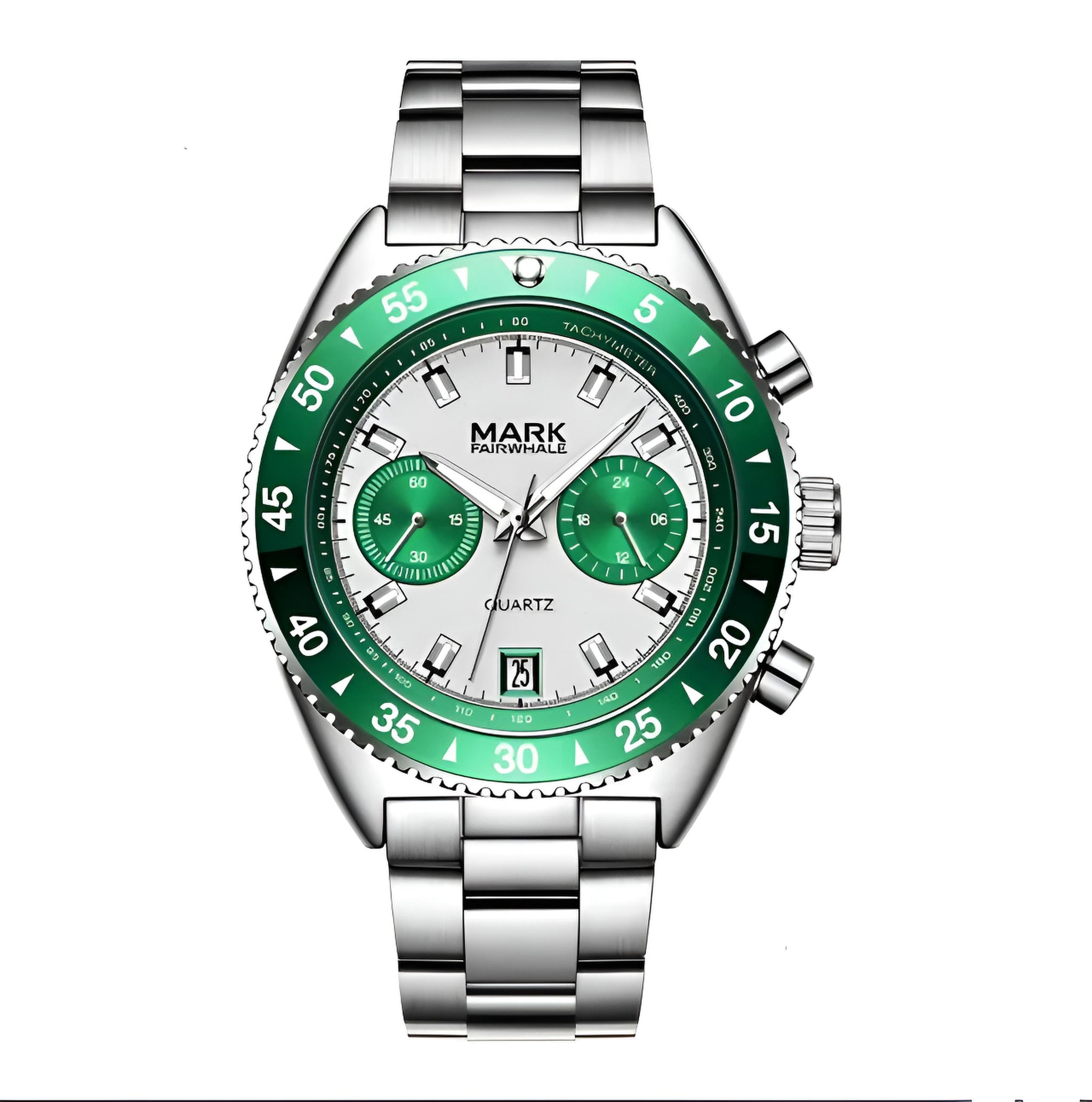 MARK Fairwhale 5910 TARNIX silver and green chronograph watch with tachymeter bezel on wet surface