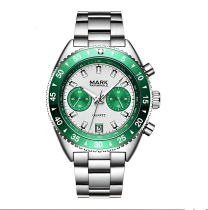 MARK Fairwhale 5910 TARNIX silver and green chronograph watch with tachymeter bezel on wet surface