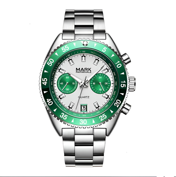 MARK Fairwhale 5910 TARNIX silver and green chronograph watch with tachymeter bezel on wet surface