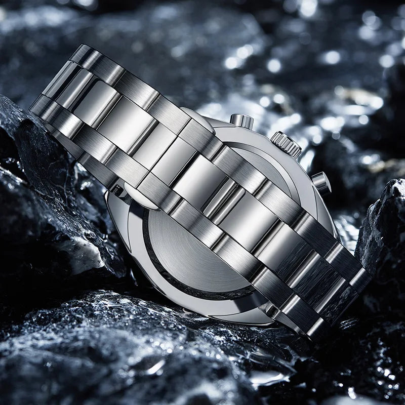 MARK Fairwhale 5910 TARNIX silver strap chronograph watch with tachymeter bezel on wet surface