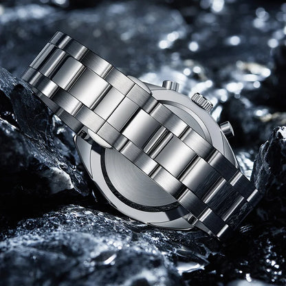 MARK Fairwhale 5910 TARNIX silver strap chronograph watch with tachymeter bezel on wet surface