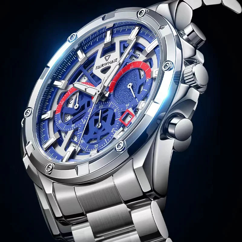 Macro detail of the Mark Fairwhale ASTRION chronograph dial with full calendar and luminous hands.