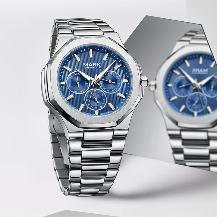 Macro shot of multifunction calendar subdials on the Mark Fairwhale FW-5890 CLEVTOR men’s business watch