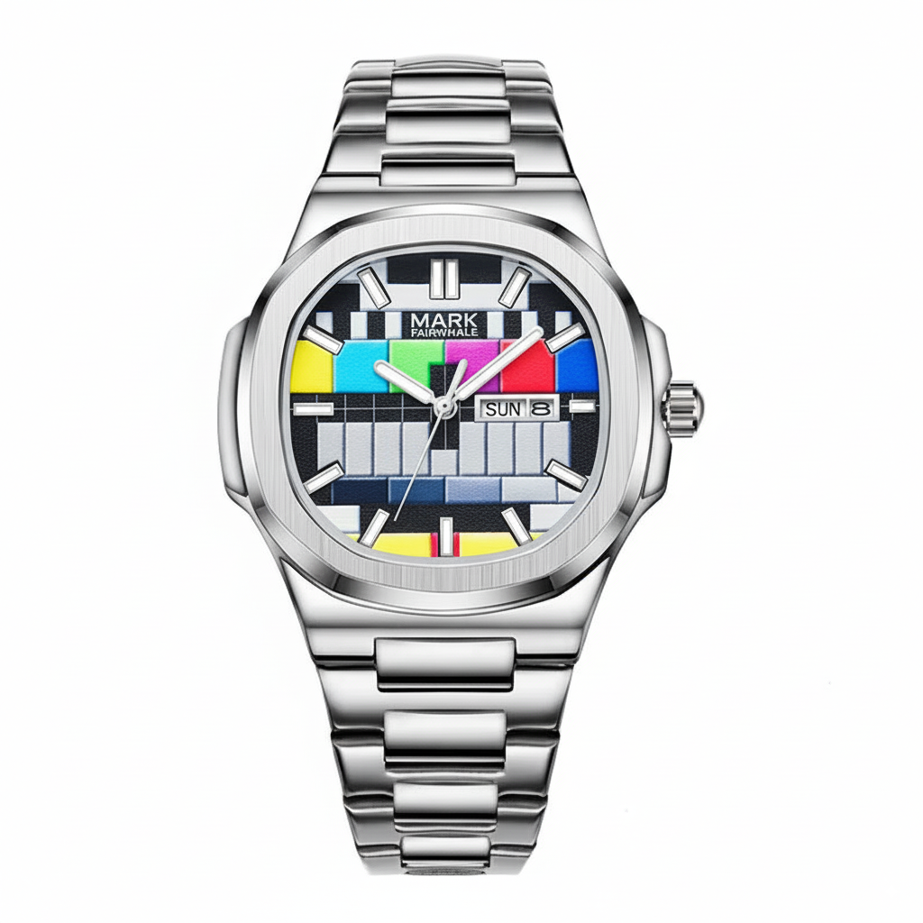 Main Watch Close-Up – Mark Fairwhale 5210 RETRONEX men’s quartz watch with colorful retro TV dial and stainless steel strap.