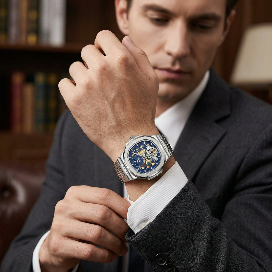Man adjusting a silver watch with a blue face in a formal setting.