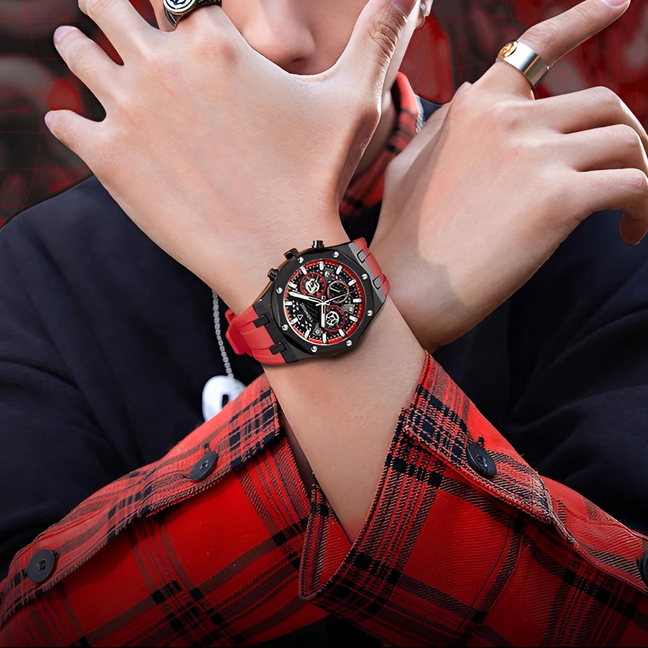 Man styling Mark Fairwhale 5660 ZYRON red chronograph men’s quartz watch with skeleton dial