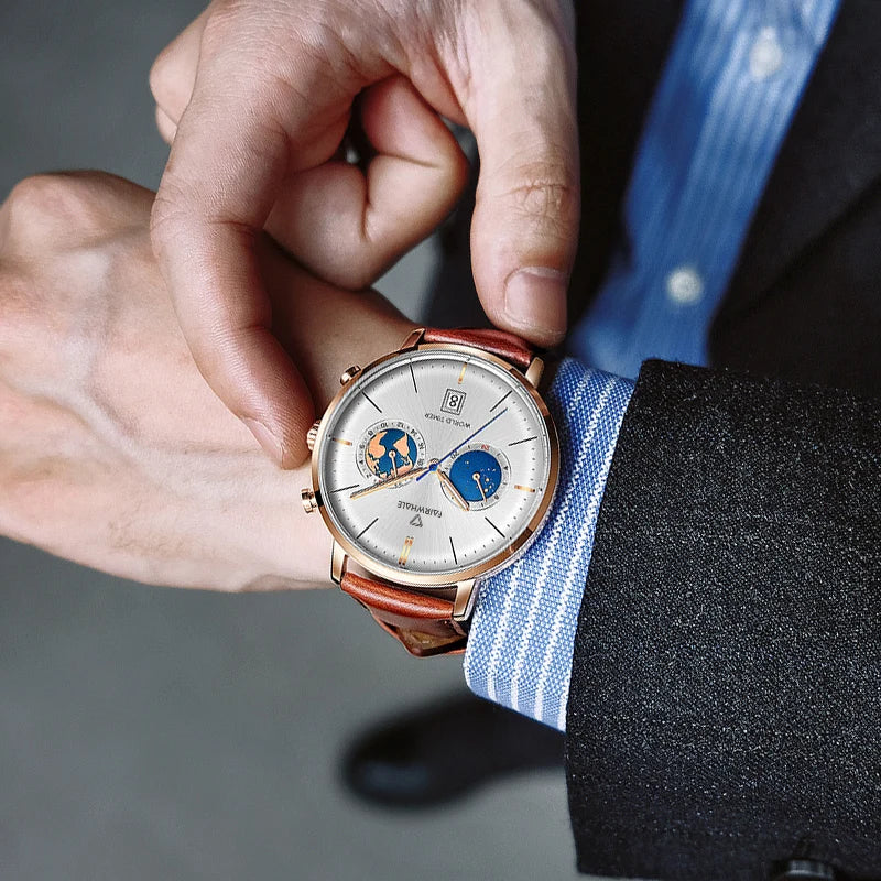 Man wearing Mark Fairwhale CORDIX 5340 luxury chronograph men’s watch with stainless steel bracelet – elegant business style.