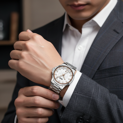 Man wearing a silver wristwatch with a detailed face, dressed in a suit.
