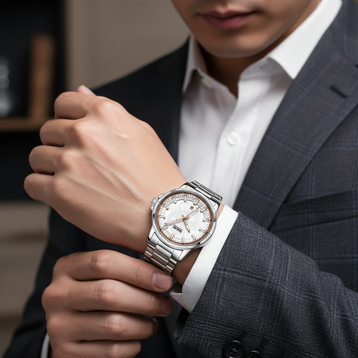 Man wearing a silver wristwatch with a detailed face, dressed in a suit.