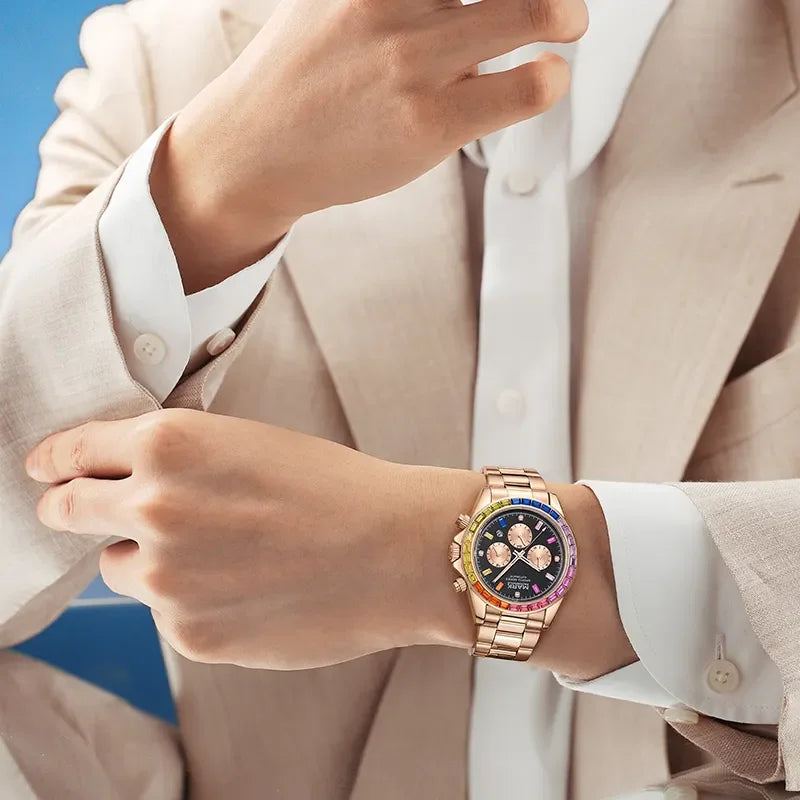 Man wearing rose gold Mark Fairwhale 6009  RAINORA rainbow automatic watch with beige suit
