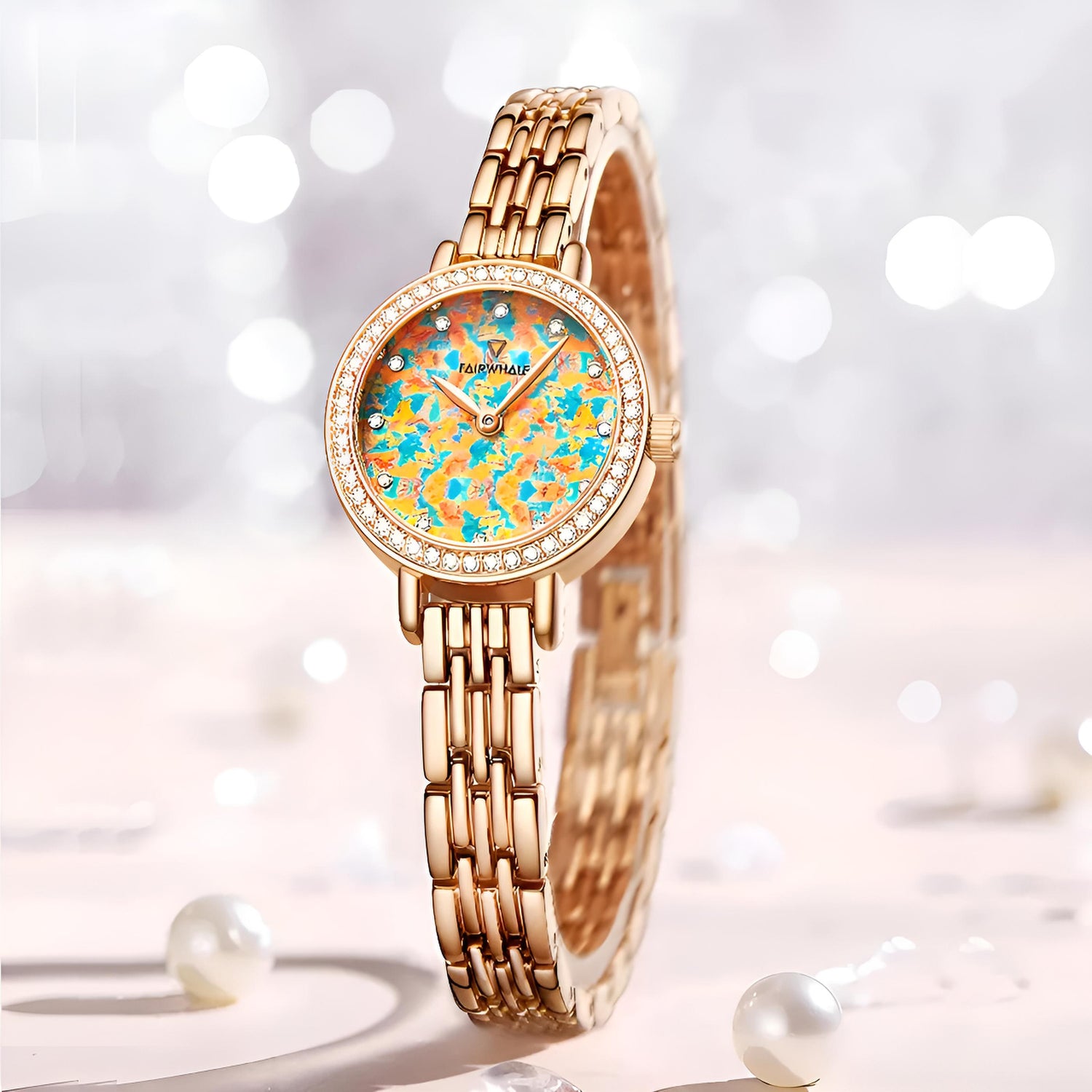 Mark Fairwhale CHROMA FW-3200 women’s watch with colorful opal dial and gold stainless steel bracelet