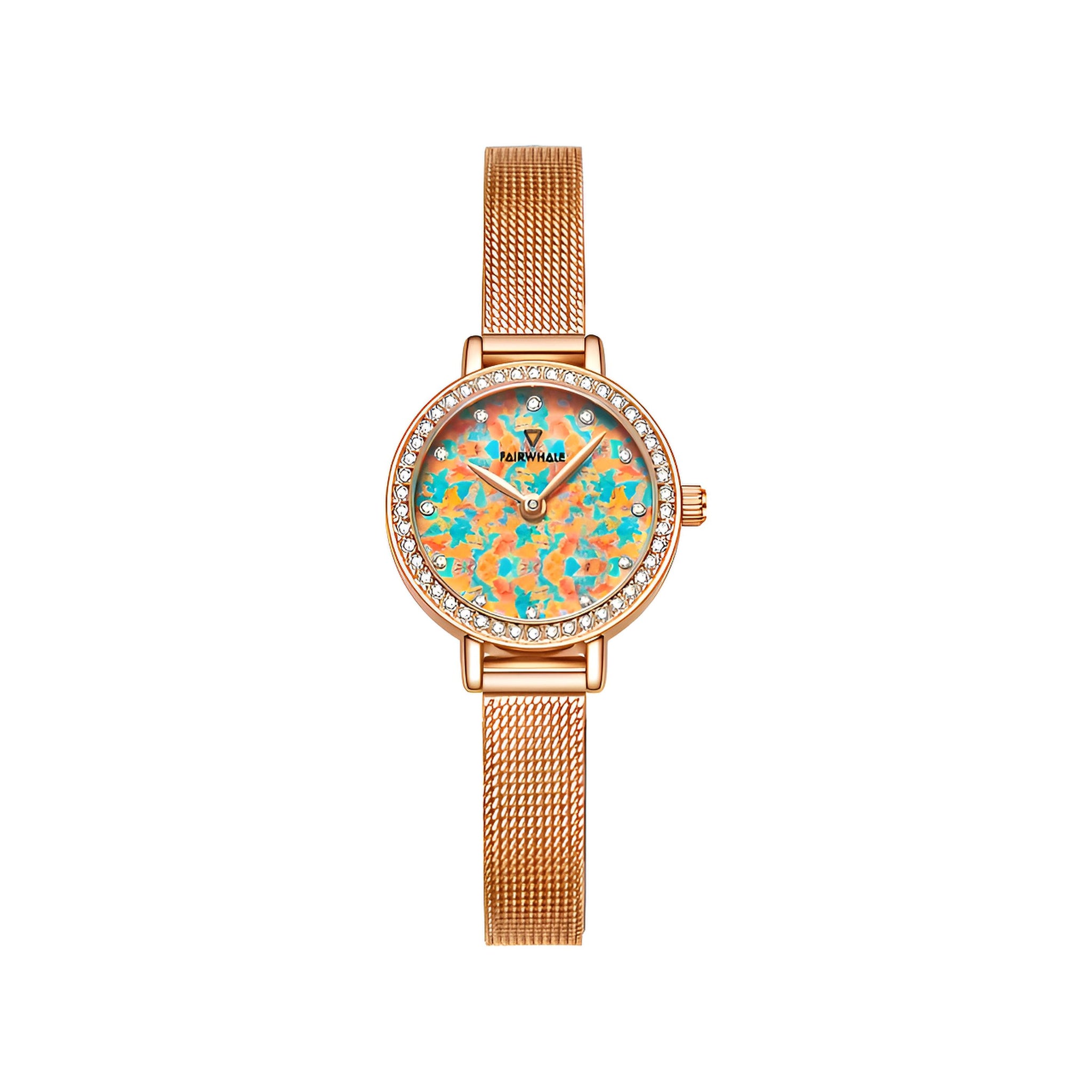 Mark Fairwhale CHROMA FW-3200 women’s watch with colorful opal dial and gold stainless steel bracelet.

