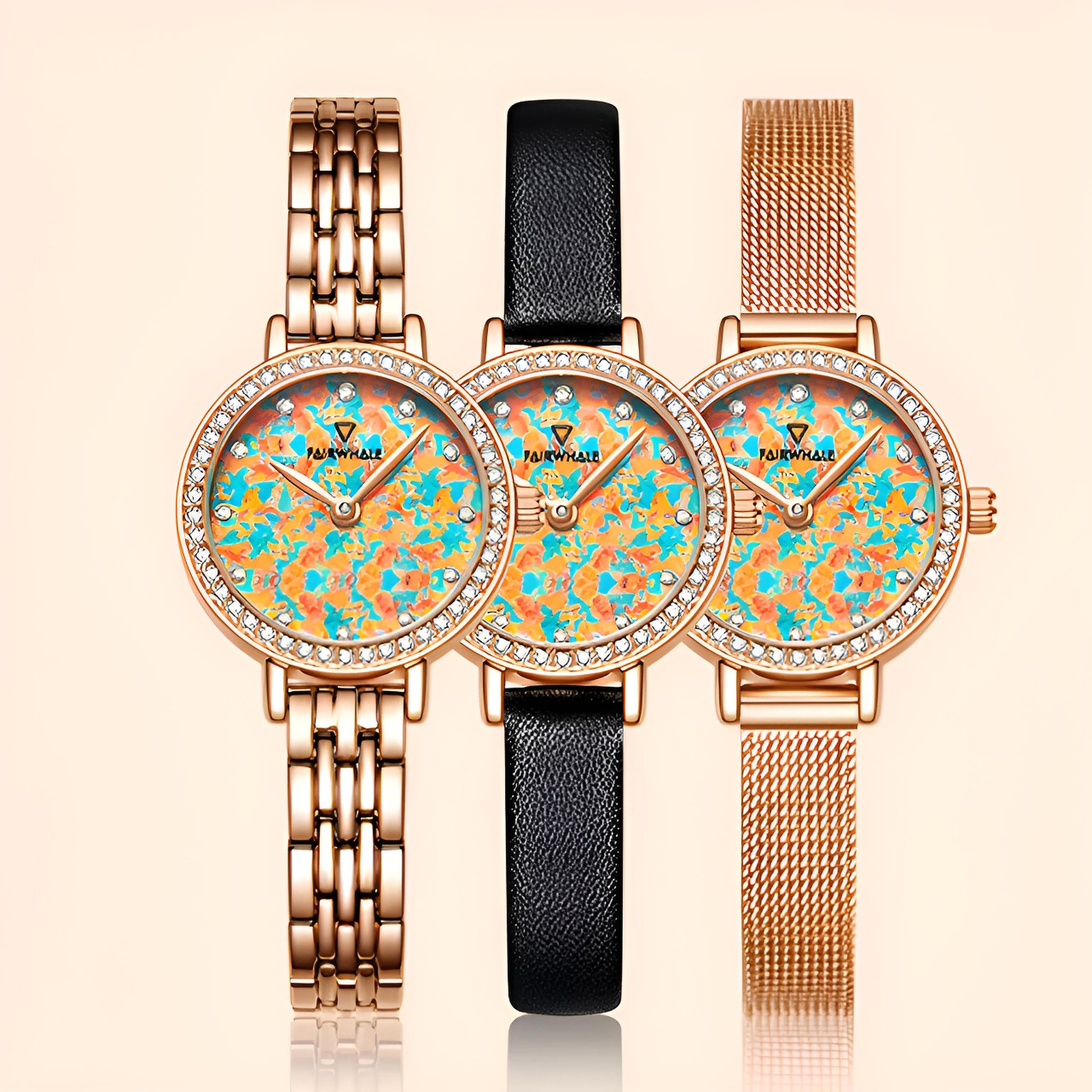 Mark Fairwhale CHROMA FW-3200 women’s watch with gold, leather, and mesh straps.